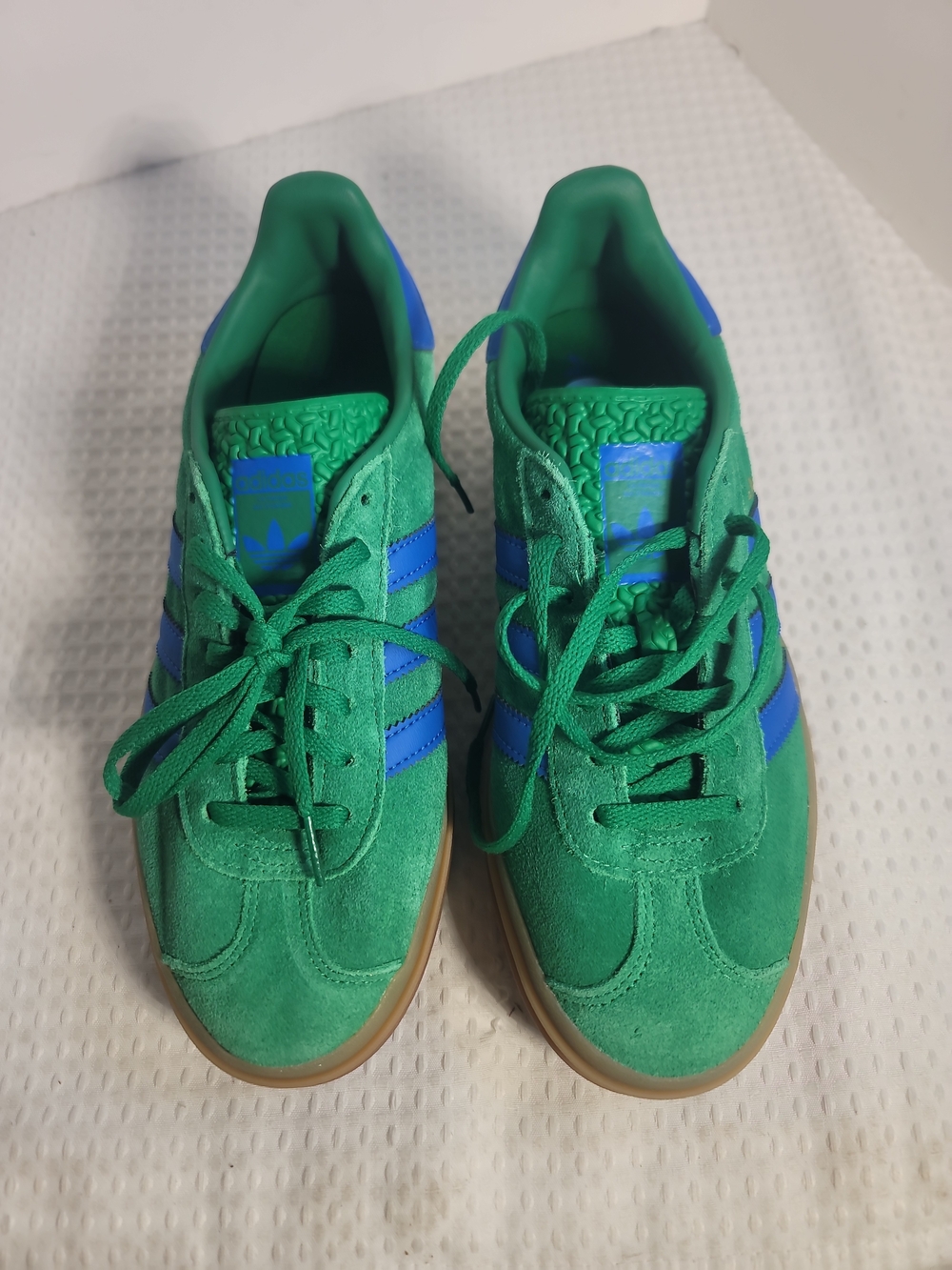 adidas Gazelle Green Suede Sneakers with Blue Stripes and Gum Sole - Picture 7 of 7